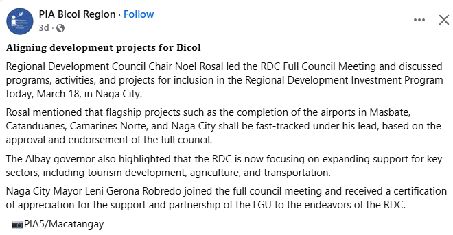 "Naga City Mayor Leni Robredo joined the full council meeting and received a certification of appreciation for the support and partnership of the LGU to the endeavors of the RDC."