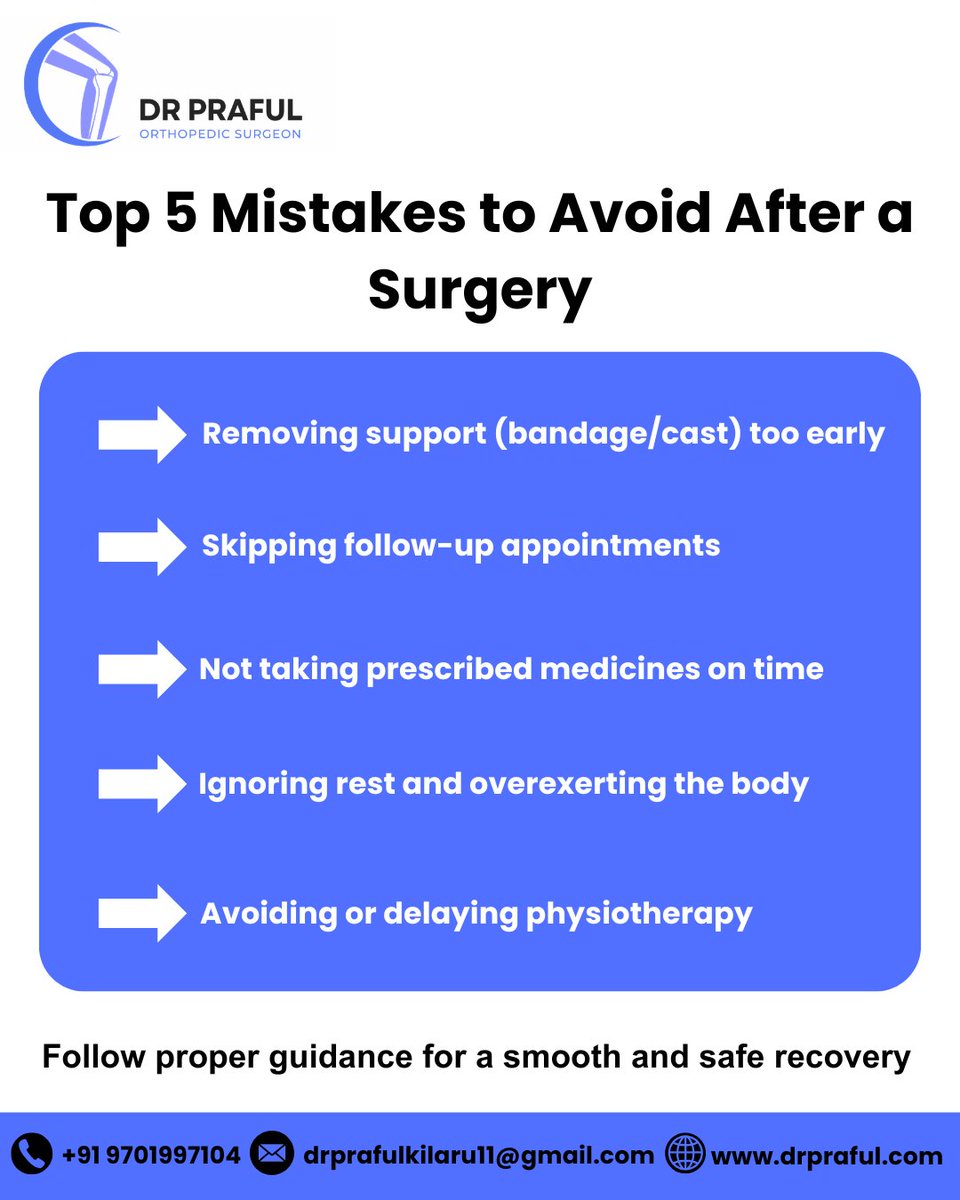 DrPraful11's tweet photo. Heal faster avoid early support removal, missed meds, skipped follow ups, overexertion, and delayed physiotherapy.

Dr. Praful Kilaru
MBBS, MS (Orthopedics)
Orthopedic Surgeon | Hyderabad
Contact: +91 9701997104
Website: https://t.co/zCmSXinhvD
#SurgeryRecovery #PostSurgeryCare https://t.co/CFKnp2mubf
