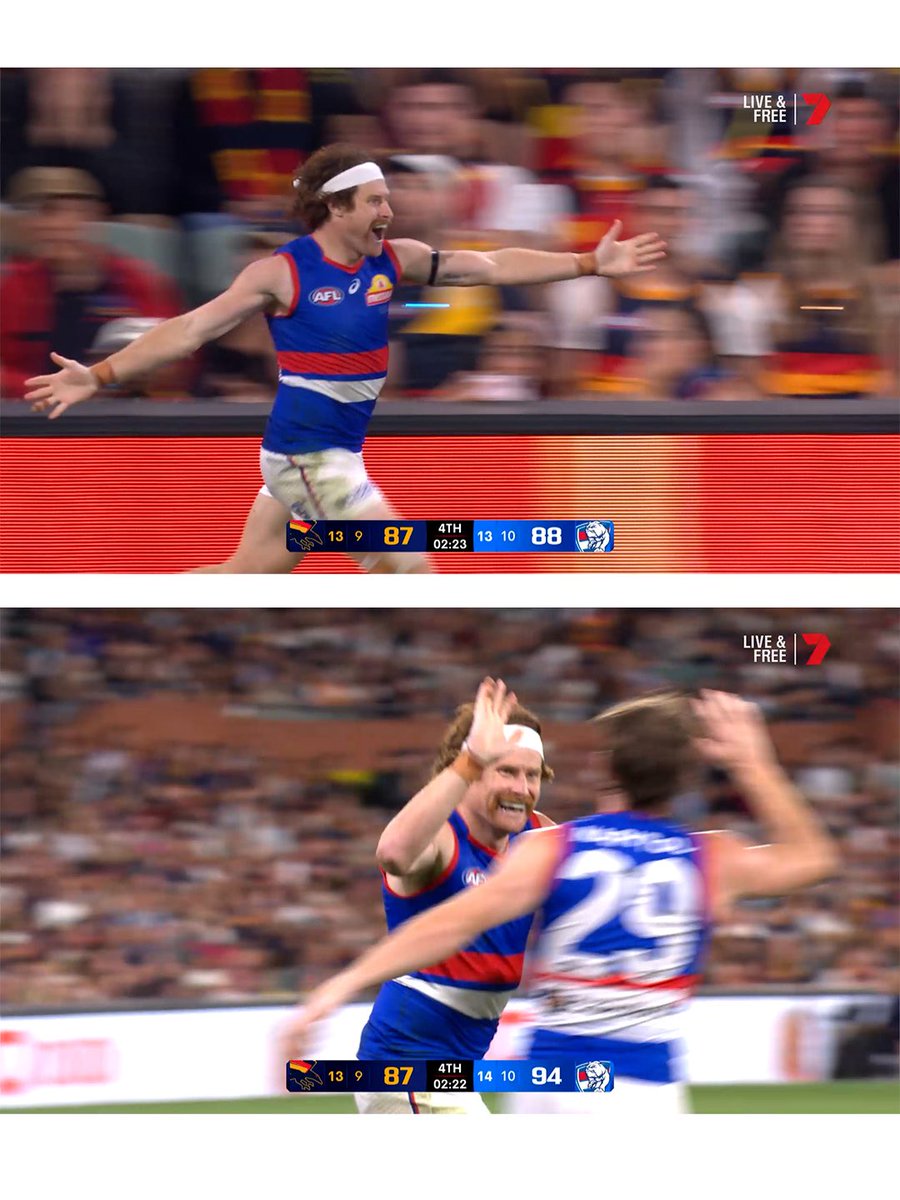westernbulldogs's tweet photo. The many faces of a game-winner. Courtesy of Oskar Baker ❤️ https://t.co/iOld04Ebm3