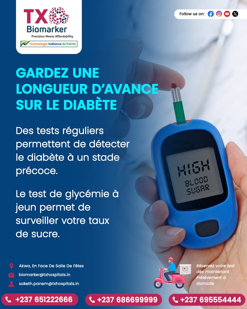 TxBiomarker's tweet photo. 🔬 Détectez le diabète tôt grâce à un test de glycémie à jeun. Prenez soin de votre santé dès aujourd’hui.

📞 +237 651222666 | +237 686699999 | +237 695554444
📧 biomarker@txhospitals.in | saketh.panem@txhospitals.in

#Diabète #Santé #Prévention #TXBiomarker https://t.co/9LqRgjGOzG