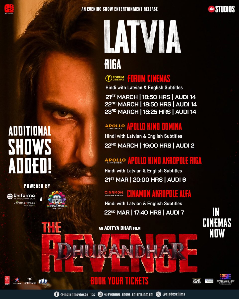 siadesefilms's tweet photo. Additional Shows Added!
Watch #Aadu3 &amp; #DhurandharTheRevenge in Baltic 🇱🇻🇱🇹🇪🇪 Cinemas Now!

Book your Tickets Here  🔗 https://t.co/8qw7gV9SuC 🎟

Latvia, Lithuania &amp; Estonia Release by @siadesefilms
Powered by @UnifarmaHerbals &amp; Indian Mart https://t.co/4oX9fiA7W1