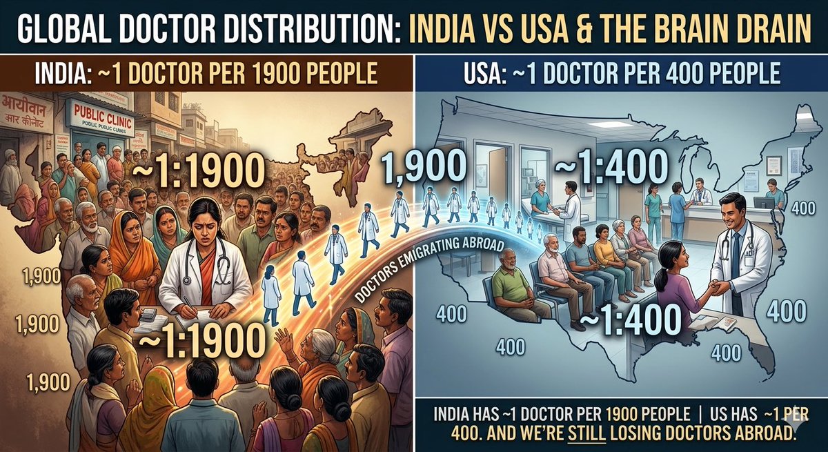 nadkarni_yash's tweet image. India has ~1 doctor per 1900 people
US has ~1 per 400  

And we’re still losing doctors abroad

Think about that.
#MedTwitter #MBBS