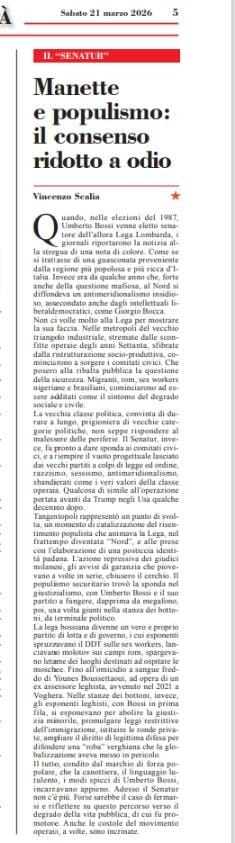 Su L' Unità di oggi mio articolo su Bossi