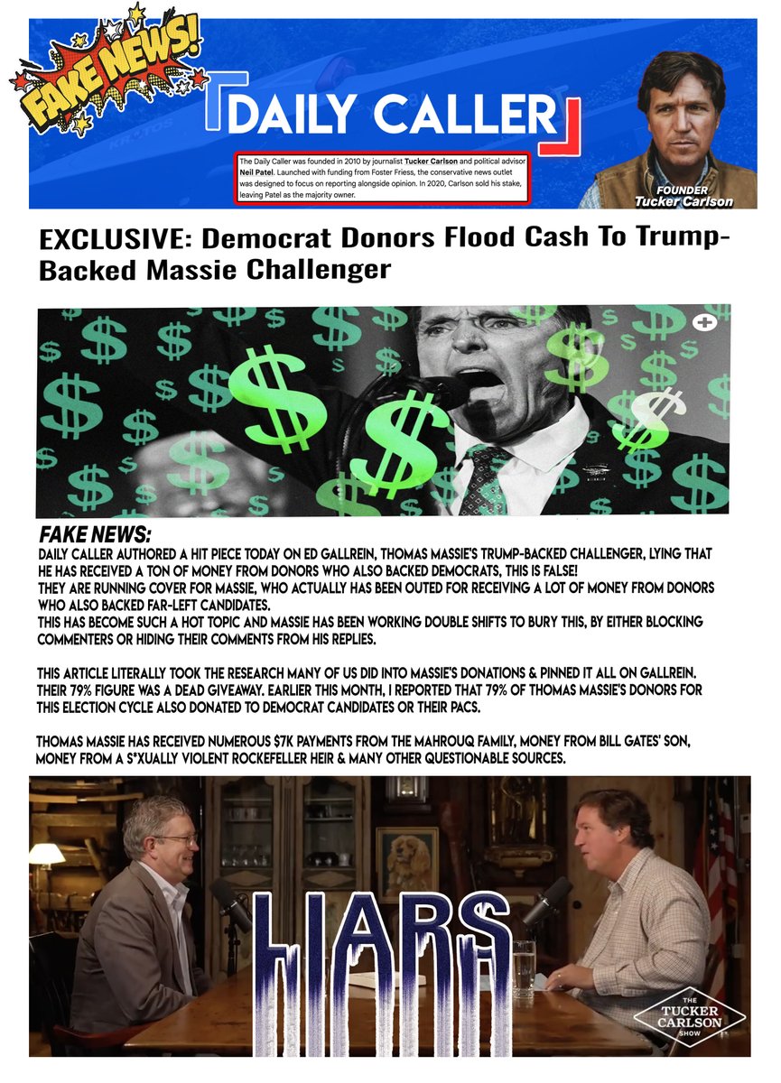 BBWATTS65's tweet image. @DailyCaller   #DailyCaller is Fake news and founded by Tucker Carlson who is Massies buddy and trying to help him fight Trump PERIOD!

Massie's donors are majority Democrat donors from California and New York as well as outside the country

Vote YES on @EdGallrein  and pushout