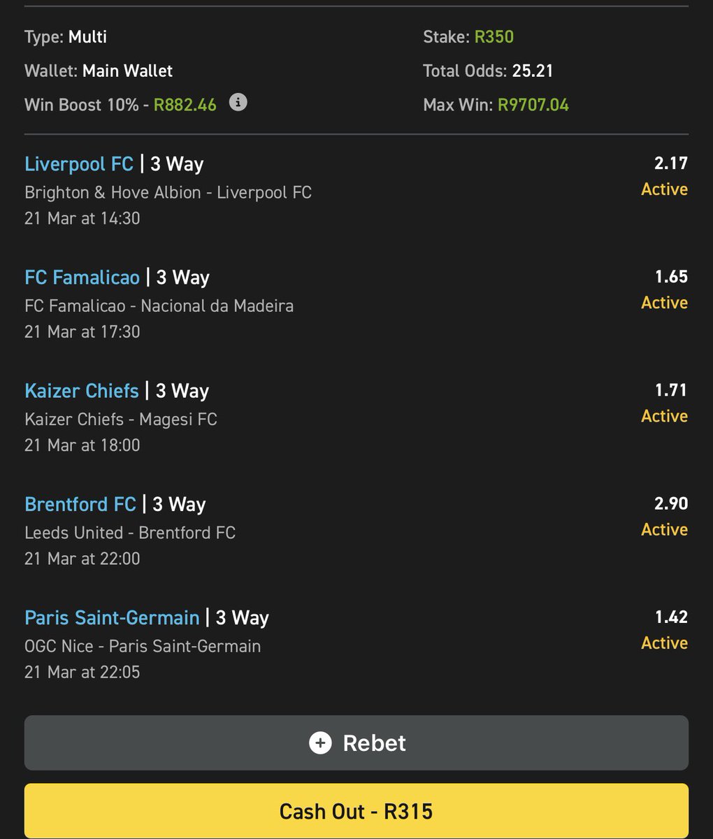 Easybet ticket✅👌

⌚️kick off: 14:30

25 odds🤲🏿

📍Booking code: 03-838247

Sign up and get R50 signup bonus: ebpartners.click/o/zGU8de?lpage…

Promo code: Jeremiah50

18+ T&amp;Cs apply
