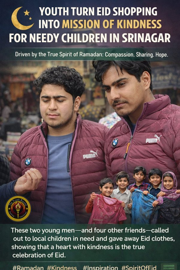 tarun_rang's tweet photo. Six young friends in Srinagar spread Eid joy by helping needy children get clothes. Their kindness shows true spirit of sharing, compassion, and hope, inspiring everyone. https://t.co/tFjwyKHoox