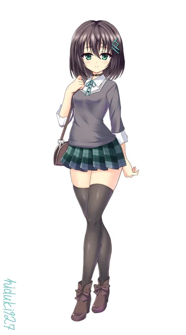 ソラハ私服デザインです。 七分袖の上着にリボンタイつけて、そしてチェックのミニスカートとか。 #OC #うちの子