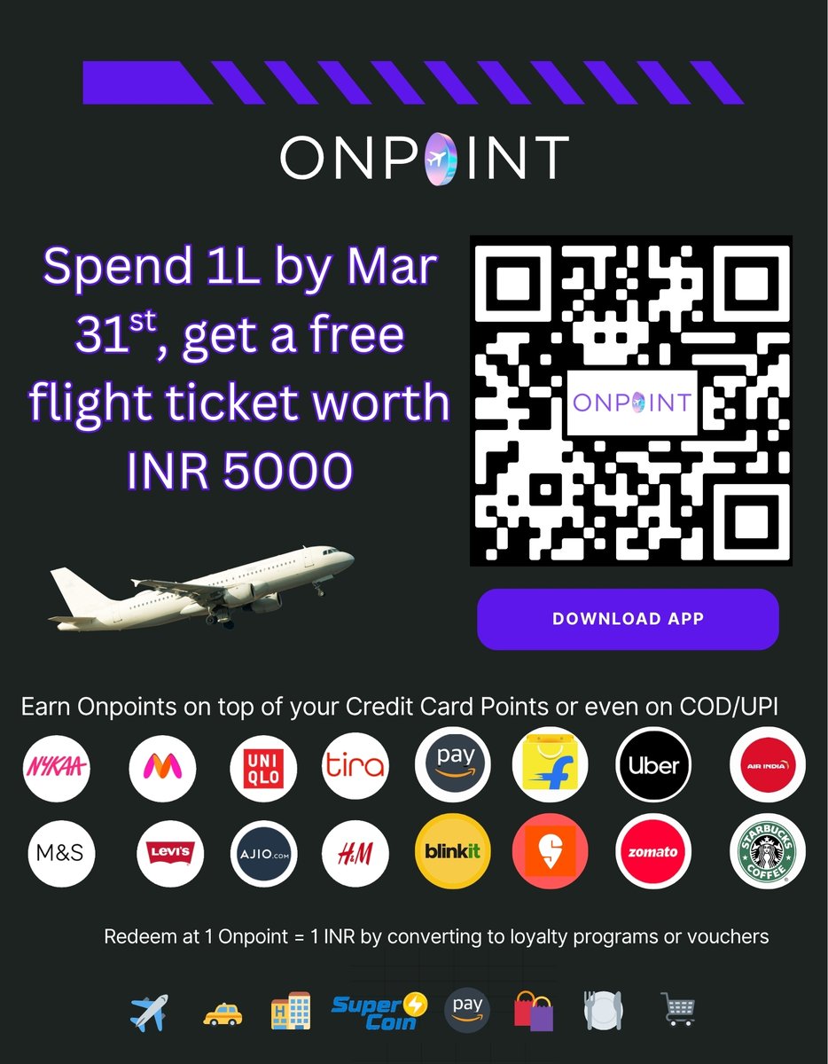 Convert your shopping bills into free flights with Onpoint. You can earn extra rewards in addition to your 💳credit card rewards or even on Cash and UPI payments across 🛍️ 200+ brands such as Myntra, Uniqlo, Nykaa, Tira, AJIO and more in addition to brand discounts

In turn, you