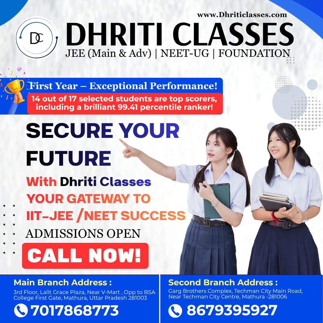 Dhriticlasses's tweet photo. 🚀 14/17 Top Scorers! 🏆

Dhriti Classes first-year JEE Main success: 99.41 percentile highest! Admissions open now.

📞 701787868773 | https://t.co/fT3s9X7AEh
#DhritiClasses #JEE2026 https://t.co/Q6nGOf1CXL
