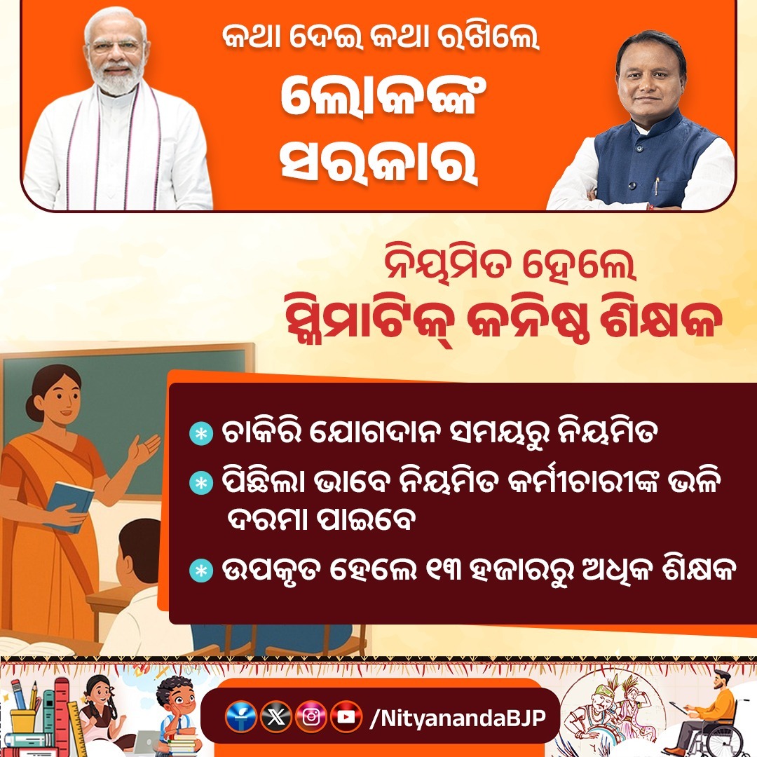 NityanandaBJP's tweet photo. ୧୩ ହଜାରରୁ ଊର୍ଦ୍ଧ୍ବ ଚୁକ୍ତିଭିତ୍ତିକ ଭାବେ କାମ କରୁଥିବା ସ୍କିମାଟିକ୍ କନିଷ୍ଠ ଶିକ୍ଷକମାନଙ୍କୁ ନିୟମିତ କରିଥିବାରୁ ମୁଖ୍ୟମନ୍ତ୍��ୀ ଶ୍ରୀ @MohanMOdisha ଙ୍କୁ କୃତଜ୍ଞତା ଜଣାଉଛି। https://t.co/pKCbZeGWrW