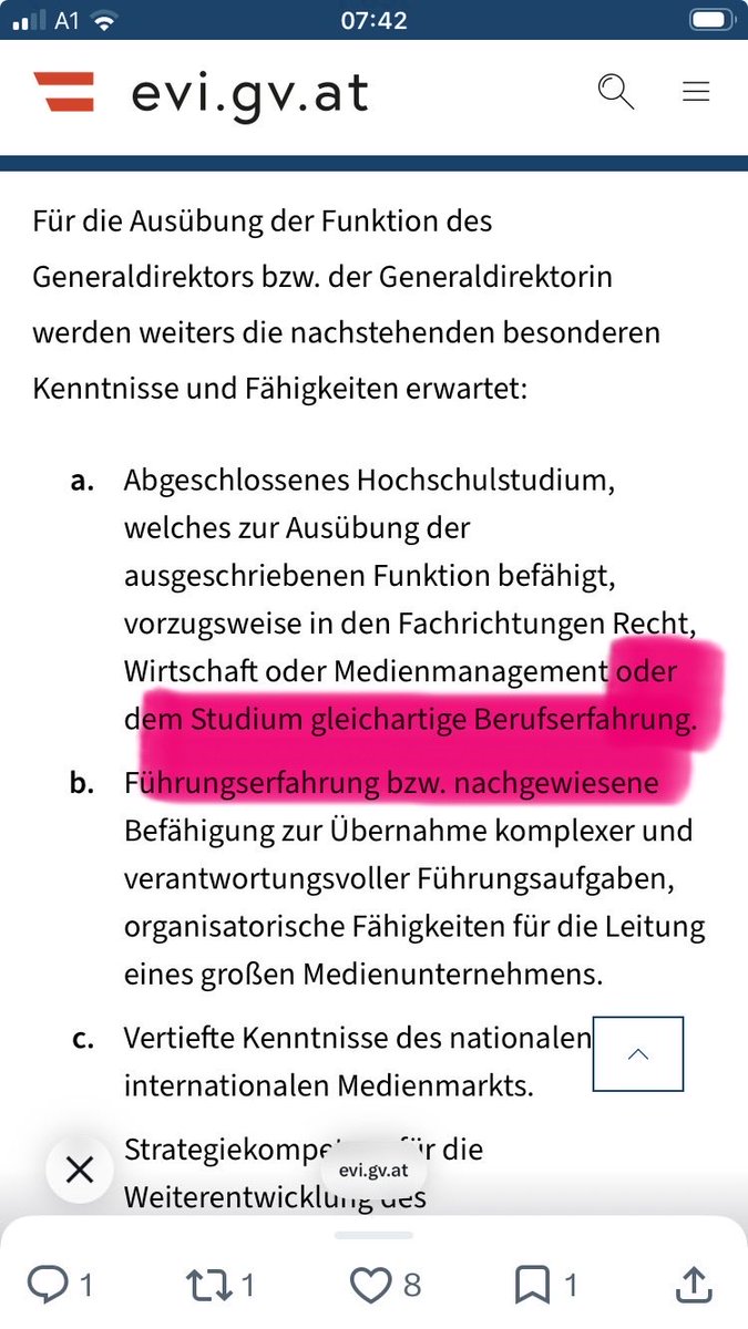 Kraemerei's tweet photo. Genau hingeschaut: Ausschreibung #ORF Generaldirektor/in. Was bedeutet „dem Studium gleichartige Berufserfahrung“ in der Praxis? Was soll Basis für den wichtigsten #Medien-#Managementjob in Ö sein? Matura? Findet man so die besten Köpfe, oder Freunde? #Postenschacher verhindern! https://t.co/Bau5NAchC5