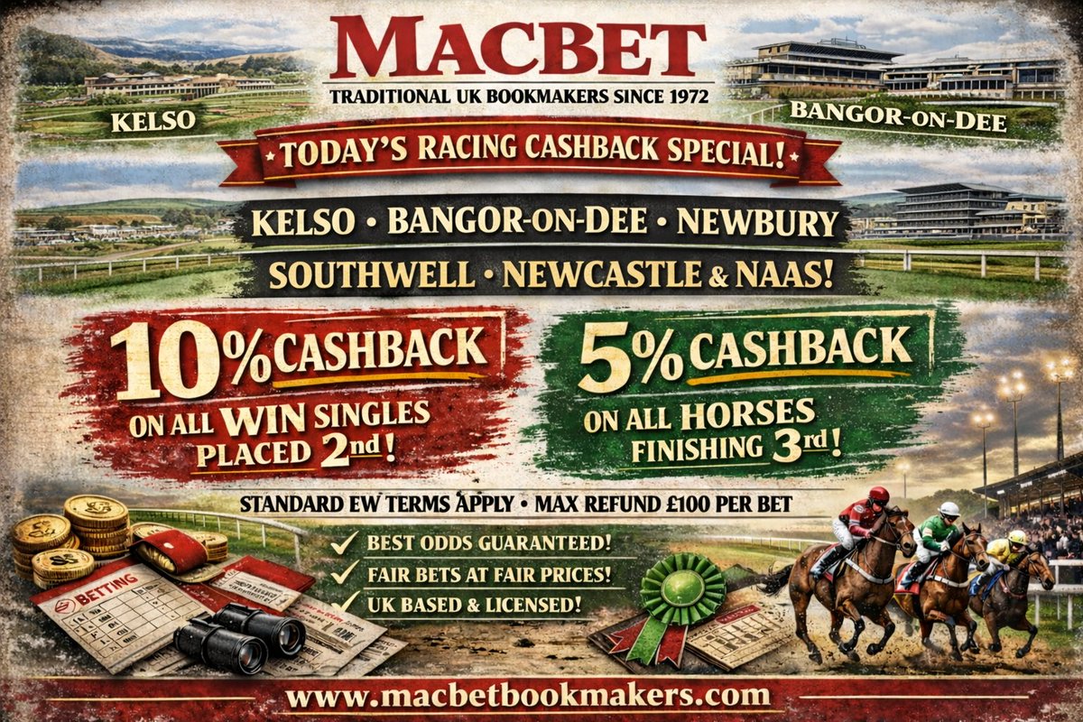 Macbet1972's tweet photo. 💰CASHBACK at ALL meetings today

⭐️All win singles that are placed (standard ew terms) will receive either 10% or 5% cashback!

Daily prices: https://t.co/MzoRrVdCRi
Daily Specials: https://t.co/63QyES70Ui
Open an account with Macbet: https://t.co/JJacs6bO1t
Macbet info site: https://t.co/XaPMFJEizI