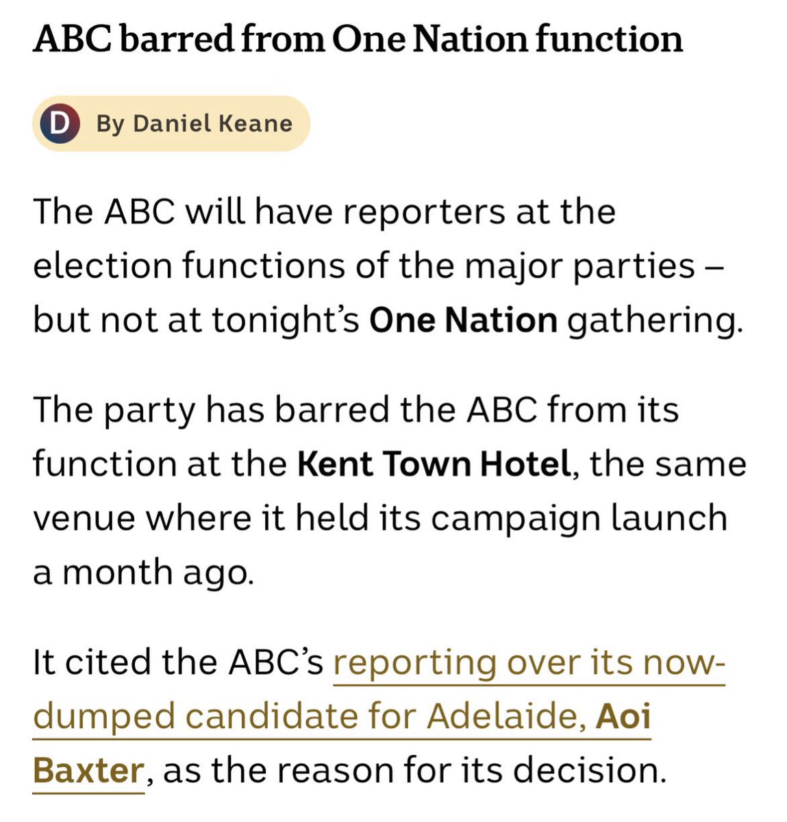 One Nation bars ABC from their election function for revealing that one of their candidates is a sexual predator