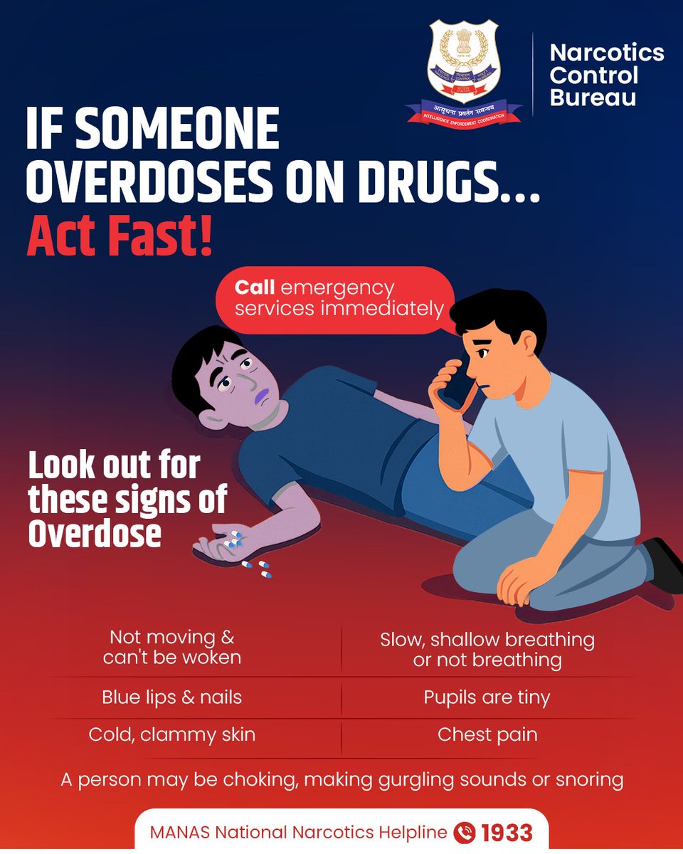Drug overdose signs may appear normal, but you need to act immediately because your timely response can save a life.

#NCB #NarcoticsControlBureau #DrugOverdose #OverdoseAwareness