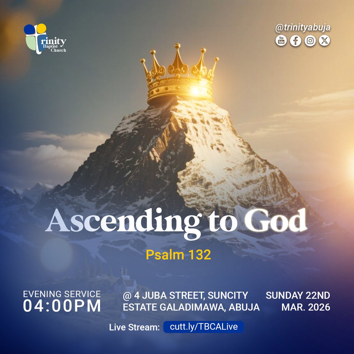 TrinityAbuja's tweet photo. Join us this Lord’s Day as we gather around God’s Word—March 22nd by 10:00 AM and 4:00 PM for our morning and evening worship services.

You’re invited to worship with us physically or online via our livestream: https://t.co/a6k36Q13Pe.

We look forward to seeing you! https://t.co/mWHIbuSGUE