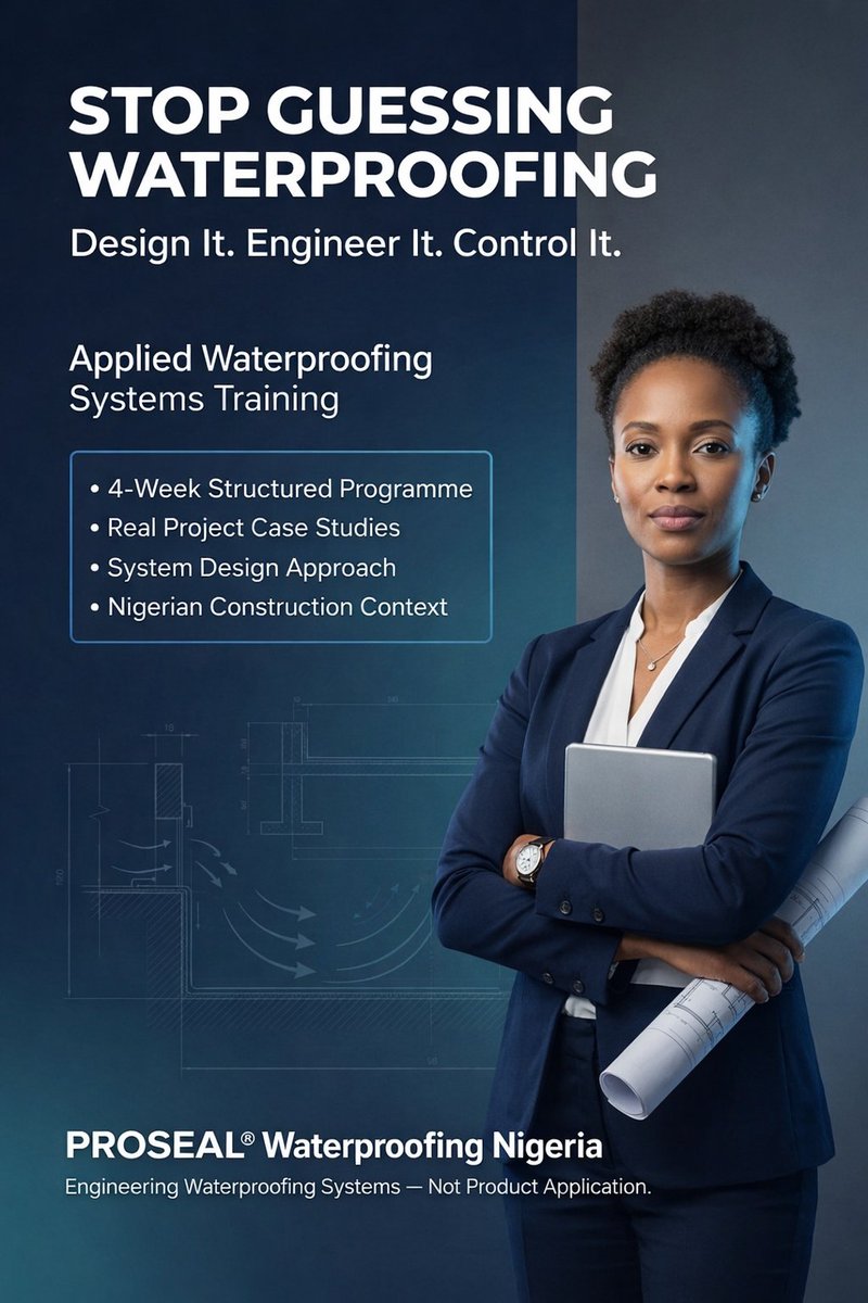Applied Waterproofing Systems Training (4 Weeks).
Focused on system design, failure analysis, and real project application in Nigeria.
Send a DM to enrol or request full programme details.