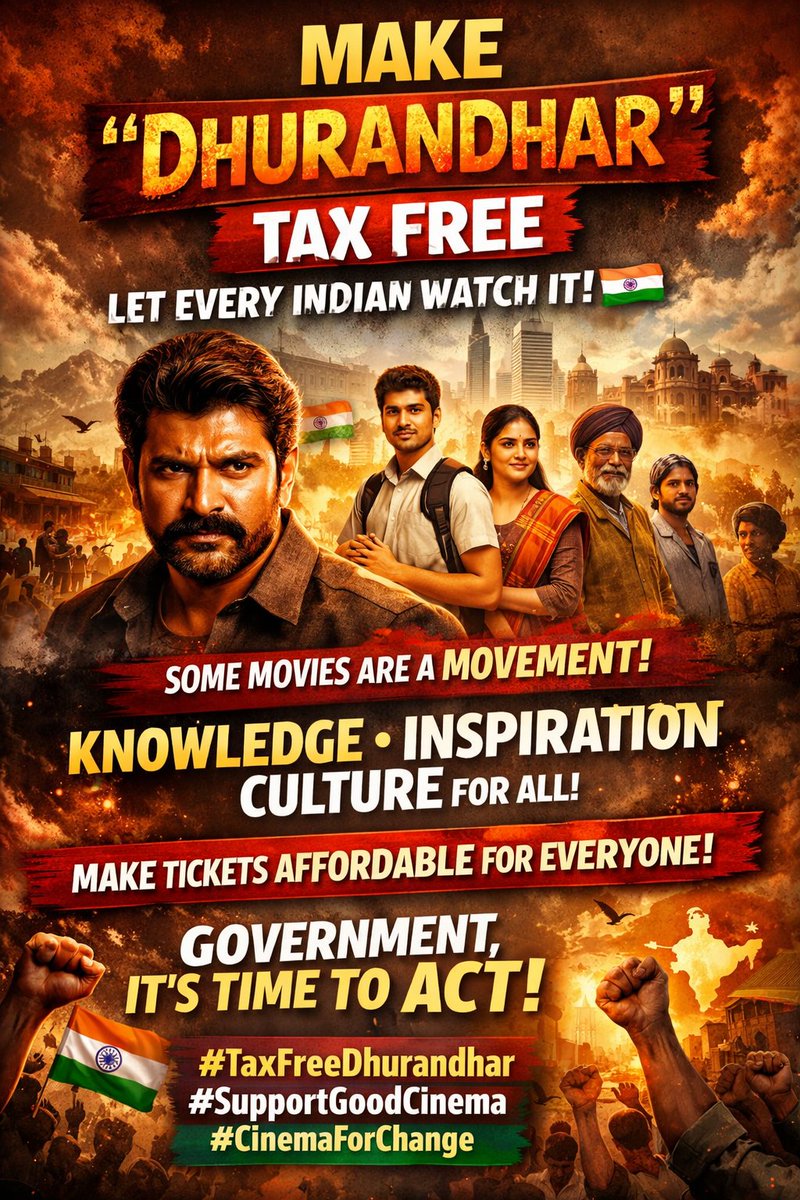 🎬 #Dhurandhar is not just a movie… it’s a message India needs 🇮🇳
Make it TAX FREE so every common person can watch, learn &amp; feel inspired!
Cinema should unite, educate &amp; empower — not be limited by ticket prices.
<a href="/narendramodi/">Narendra Modi</a> time to act 
#TaxFreeDhurandhar #Dhurandhar2‌