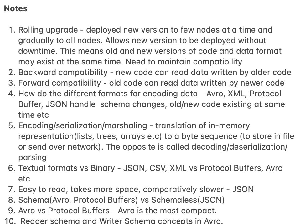 debamitra_'s tweet photo. #ddia #distributedsystems 

Reading Chapter 5: Encoding and Evolution today. 
- comparing tradeoffs between JSON vs binary formats like Protocol Buffers and Avro https://t.co/UpnNXISsO7