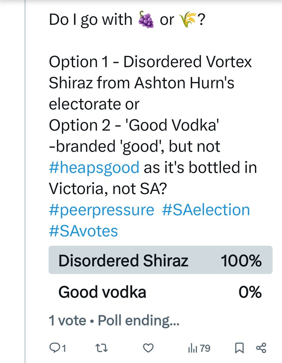 TravGee1980's tweet photo. Never convince yourself that your vote doesn't matter. I will be imbibing Shiraz, instead of vodka as I digest #SAvotes tonight due to a low voter turnout resulting from an undemocratic 1 hour window & zero opportunity to vote pre-poll. Your vote is powerful! #SAelection #voteone https://t.co/CfwiN4Zoku