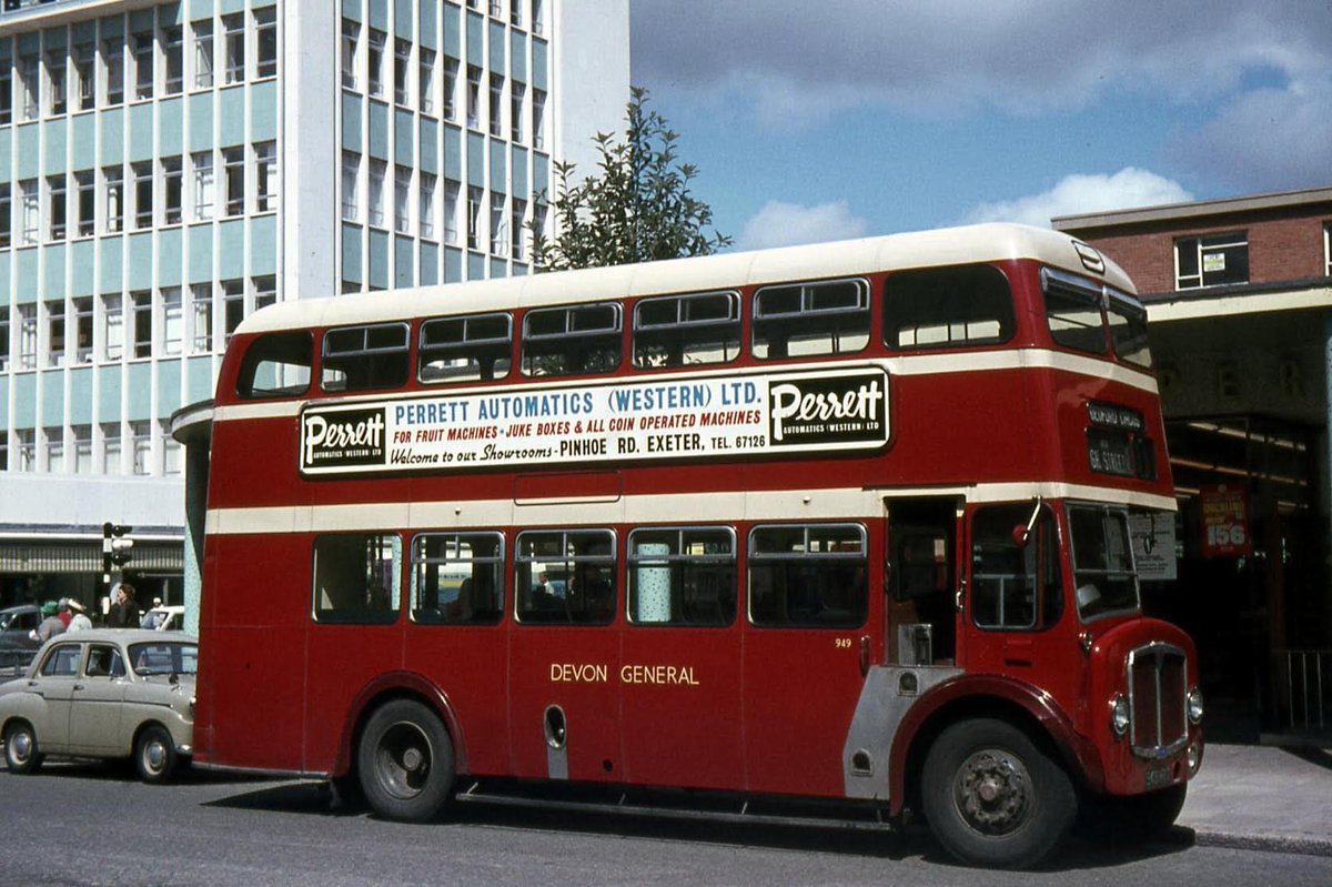 devongeneralso1's tweet photo. Pictured at the top of Paris Street in Exeter is Weymann-bodied AEC Regent V 949 HTT, one of seven open-platform Regent Vs delivered for Exeter city services in 1962. 
These were Devon General's last rear-entrance buses bought new. 
Picture credit: Brian Bennett https://t.co/K7g83LIcHM
