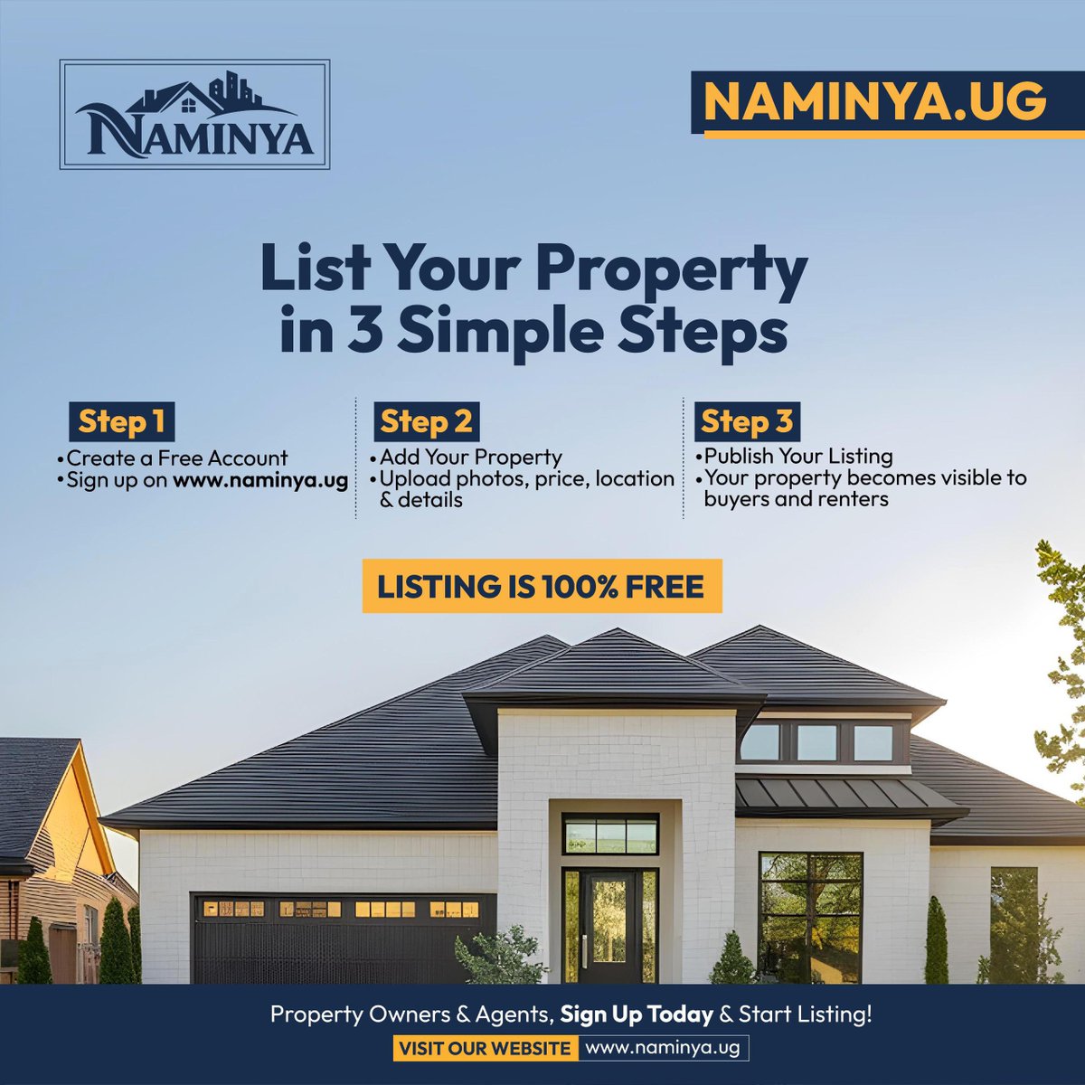 Got property to sell or rent? 🏡  
List it in just 3 simple steps and reach serious buyers today on naminya.ug at no cost 

✅ Create a free account  
✅ Add your property details  
✅ Publish &amp; get discovered  
<a href="/NaminyaUg/">Naminya.ug</a> <a href="/itsmukasa/">Richard Mukasa</a>