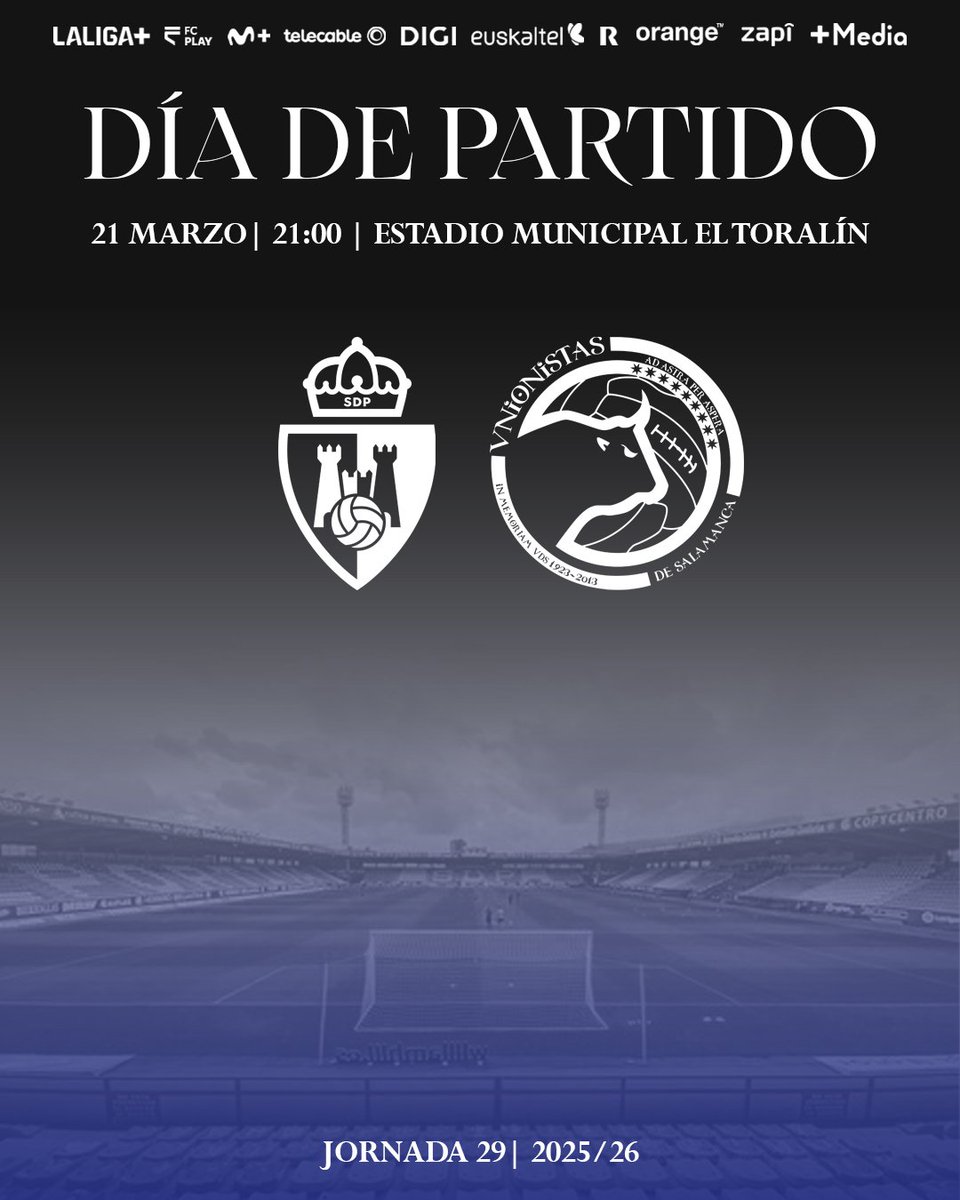 UnionistasCF's tweet photo. ⚽ ¡DÍA DE PARTIDO! ⚽

🆚 @SDP_1922
🕘 21:00h
🏟️ El Toralín
📺 @fcplay_, @LaLigaPlus, Movistar, DIGI, Orange, Zapi y +Media
📻 @a_indebida12 y @LocaUrbanSala (90.3 FM)

#Irreductibles ⚔️ 
#DeportivaUnionistas https://t.co/MwpDVeAQdx