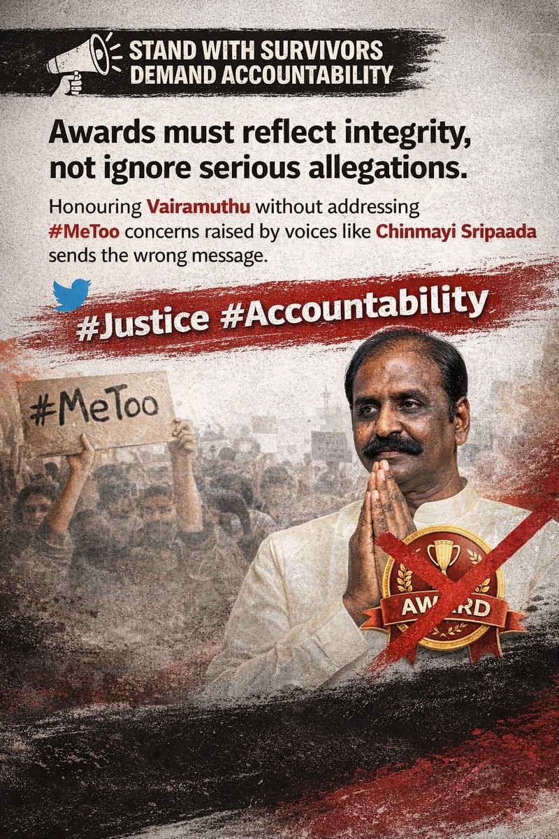 Stand with survivors. Accountability matters.
Honouring individuals , facing serious #MeToo allegations without due scrutiny undermines justice and public trust. Awards must reflect integrity—not silence.
#Justice #Accountability
