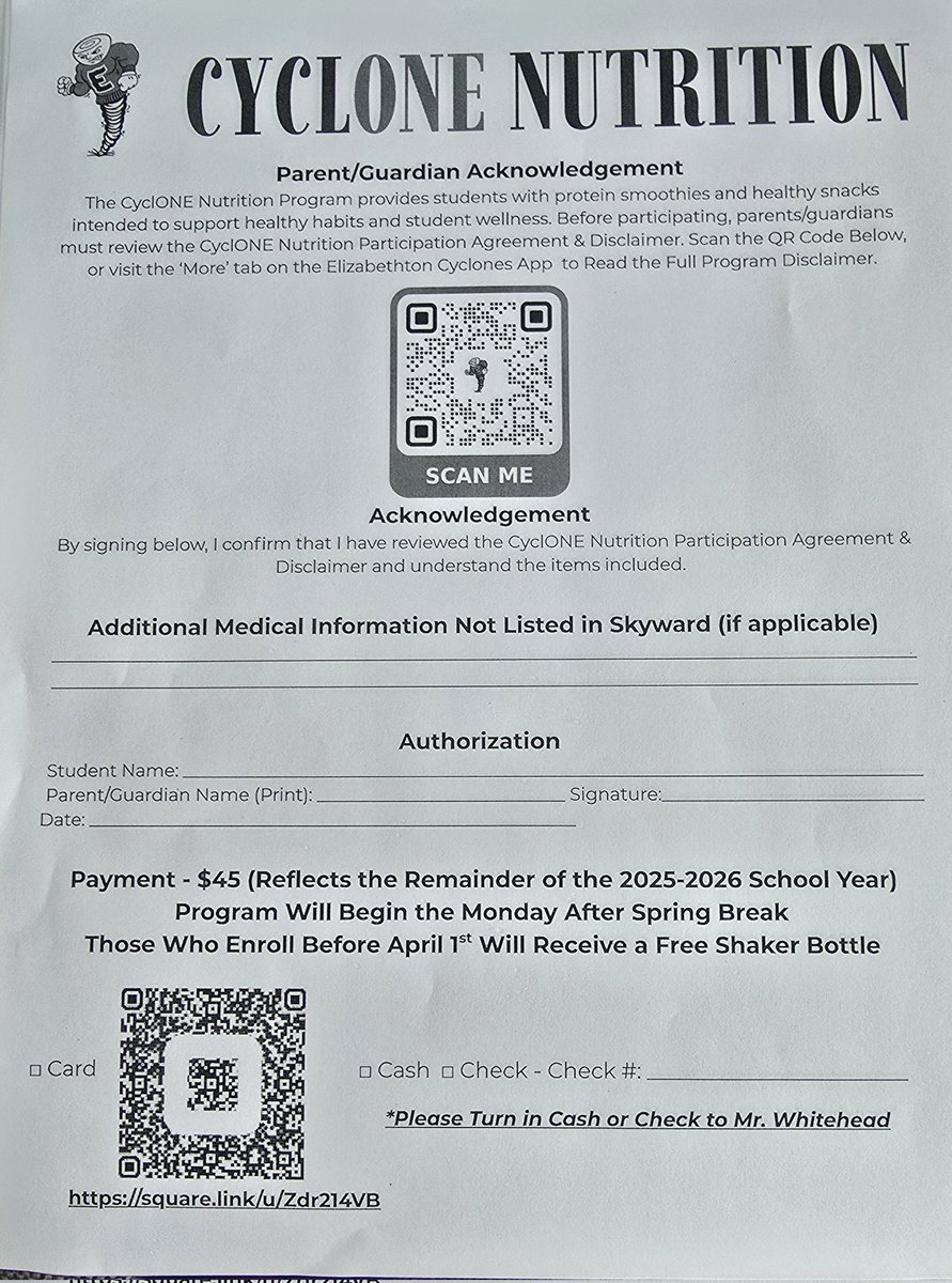 This form must be filled out by the parent/guardian in order for us to provide the protein. 
Please scan QR code or print and return to Coach Whitehead by Mon Mar 30.
Coach Whitehead said had plant based, gluten-free, non dairy, protein too