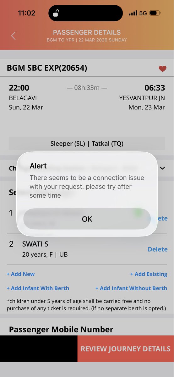 PRASHANT878882's tweet photo. @RailMinIndia @AshwiniVaishnaw @IRCTCofficial @RailwaySeva This seems to be a scam , can’t book Tatkal with app no matter how best the Internet connection is , this will throw you errors and doesn’t allow you to book. Pls revert what could the possible solution https://t.co/9PTn3f0StD