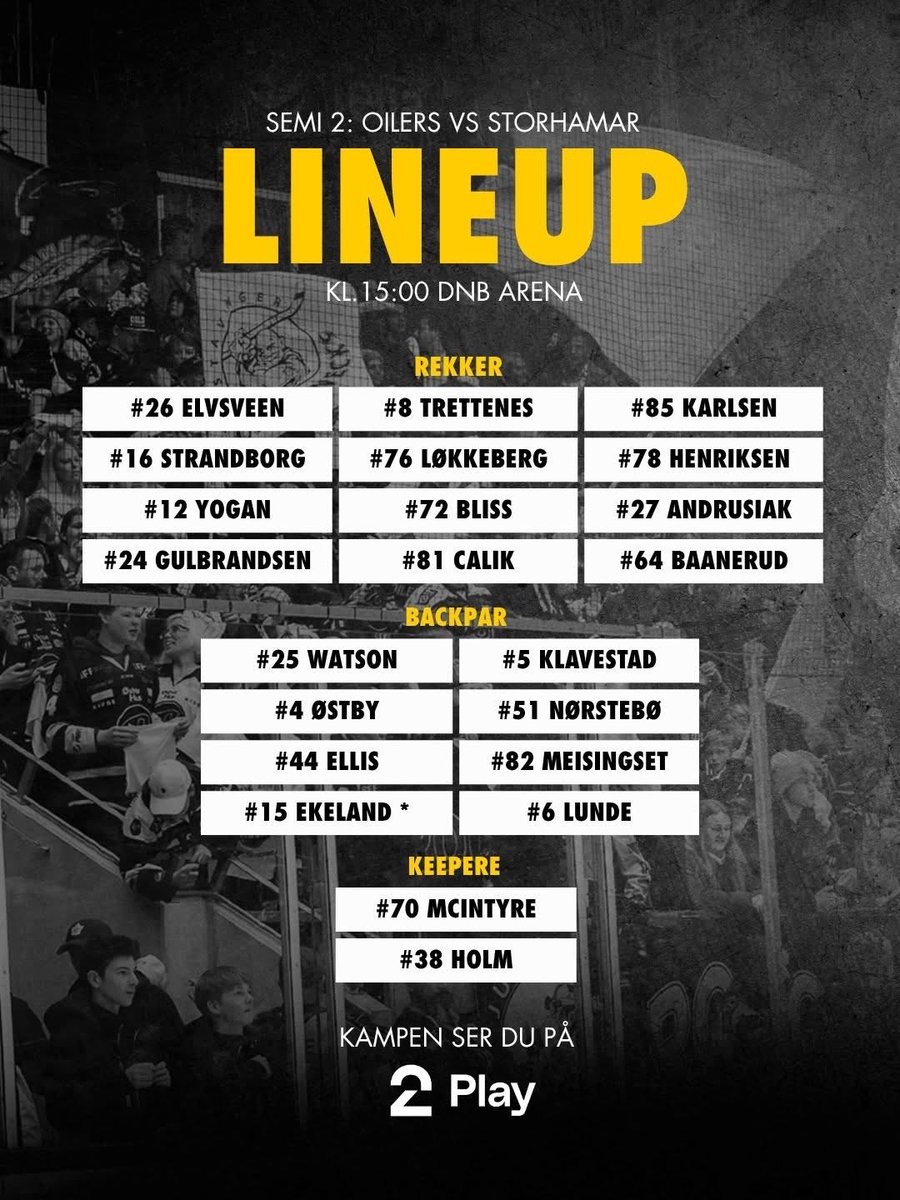 StavangerOilers's tweet photo. Dagens mannskap! En inn, en ut og kaptein Trettenes spiller sin hundrede sluttspillskamp. 💛🖤 #forzaoilers! https://t.co/L8vbxzaSvA