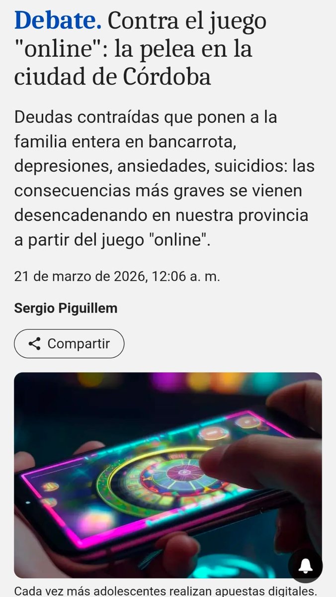 Comparto nota de opinion que me publicará <a href="/LAVOZcomar/">LAVOZcomar</a> sobre esta verdadera pandemia silenciosa que esta carcomiendo las familias cordobesas "El juego on line"

lavoz.com.ar/opinion/juego-…