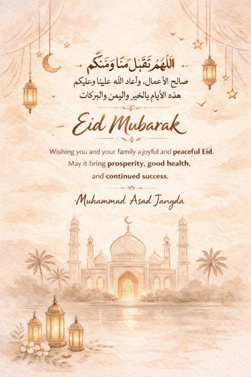AsadJangda's tweet photo. Eid Mubarak to you and your families.

This year, Eid comes at a time of uncertainty and conflict, reminding us of the profound Islamic values of compassion, unity and gratitude. Let’s keep the Muslim Ummah, especially those facing hardship across the region, in our prayers. https://t.co/LjDLOqcgSC