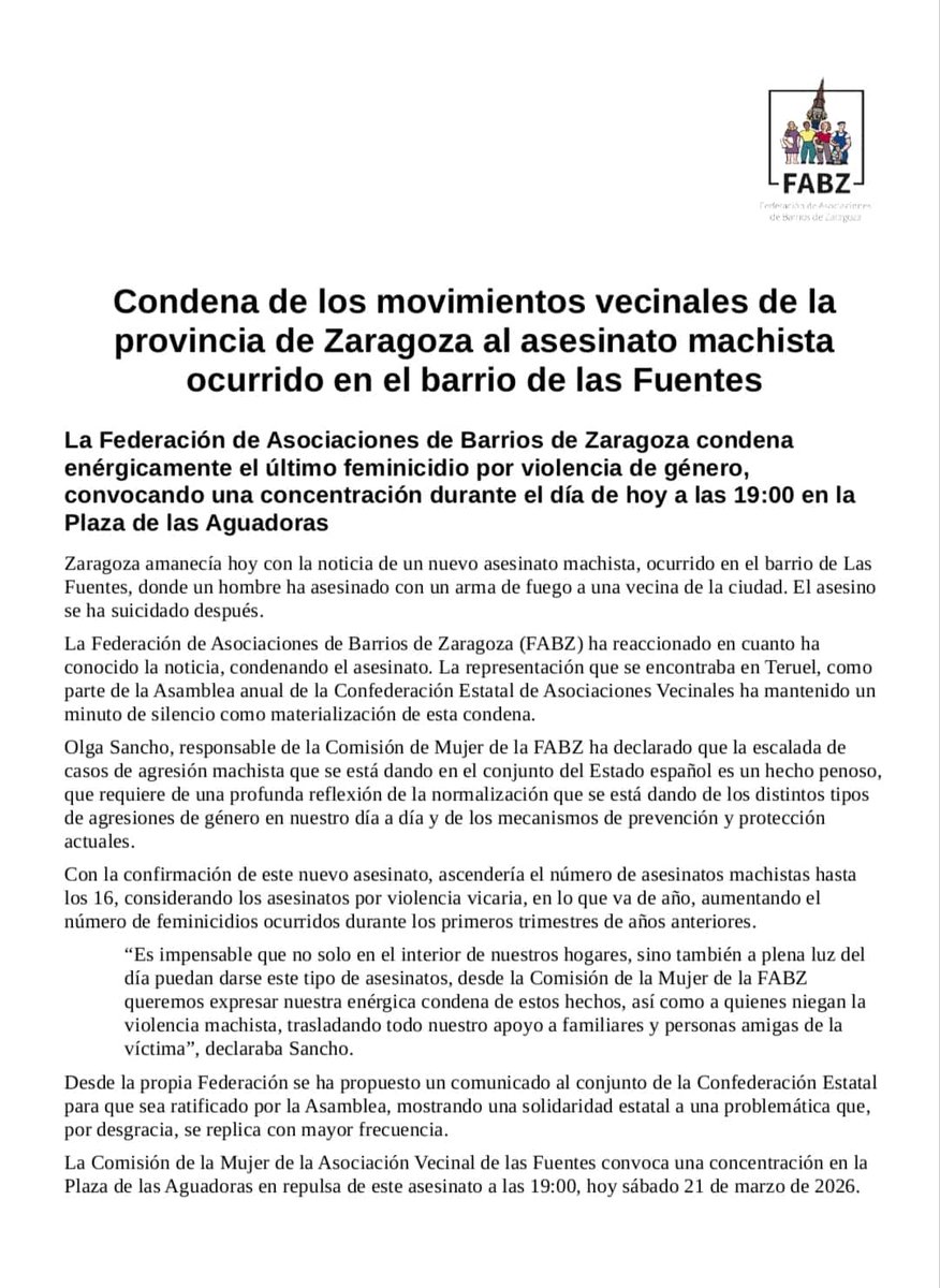 🔊 Al-Zahara 💪 condena enérgicamente el asesinato machista de una mujer ocurrido hoy en Zaragoza 😡.

👊 Otro crimen de violencia de género que evidencia la persistencia de una lacra intolerable.

👉 Pedimos 🗣️ que haya una respuesta colectiva, contundente y sostenida.

👇