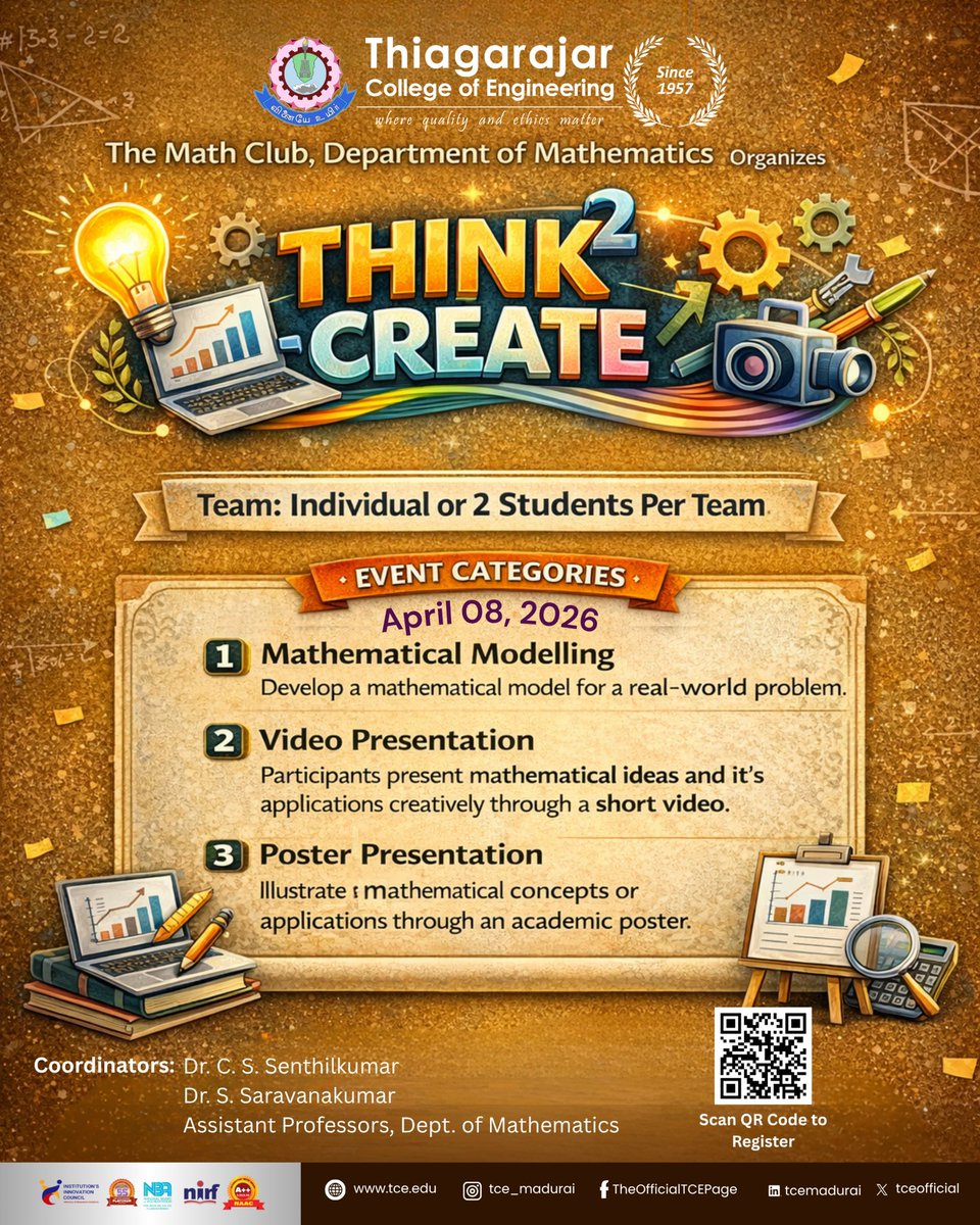 tceofficialpage's tweet photo. 🎯 Think²–Create | Math Club – TCE
📅 Apr 8, 2026
👥 Individual / Team of 2
🌐 Themes: Math in Domain | AI | Nature
🎨 Modelling | Video | Poster
Showcase creativity &amp; real-world math ideas!
#ThinkCreate #MathClub #Mathematics #STEM #TCE #CreativeLearning https://t.co/9HxD5GIvWc