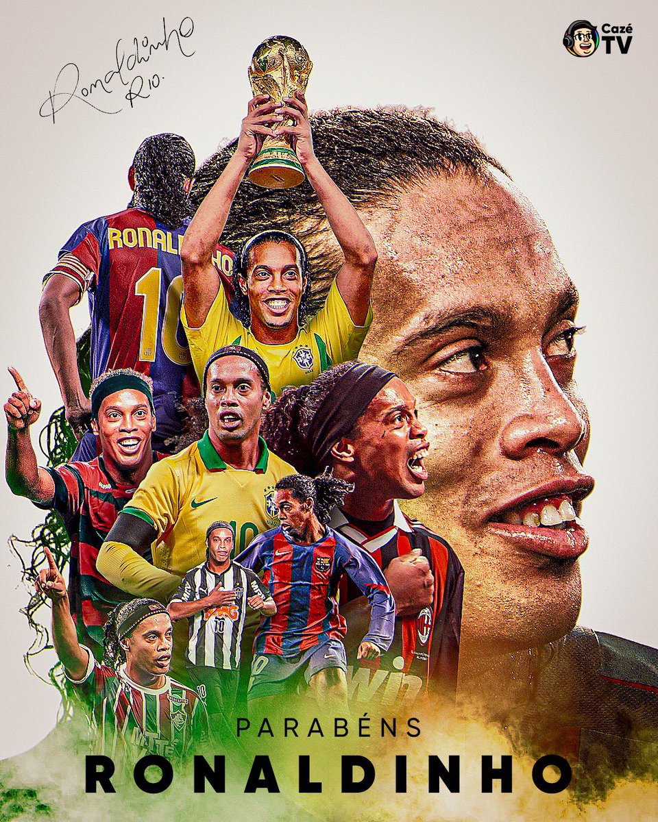 CazeTVOficial's tweet photo. 𝑹𝒐𝒏𝒂𝒍𝒅𝒐 𝒅𝒆 𝑨𝒔𝒔𝒊𝒔 𝑴𝒐𝒓𝒆𝒊𝒓𝒂, mais conhecido como Ronaldinho Gaúcho! 🧙‍♂️🇧🇷🇧🇷🇧🇷

Hoje o rei da gastação e do rolê aleatório completa 46 anos de idade. É o bruxo! https://t.co/LnLGrHnYQc