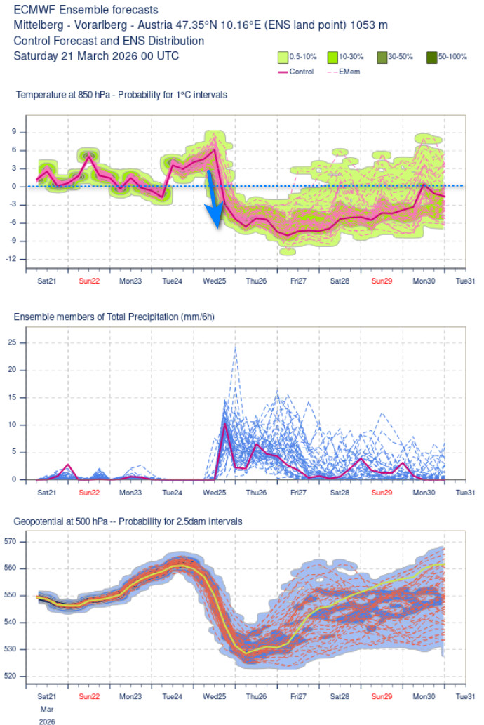 Alpenweerman's tweet photo. EC00 ensembles T850 hPa prikpunt #Mittelberg VAB met op woensdag de scherpe T daling (12°C) en inzettende #koufront #sneeuwval https://t.co/7L8zim8kPY