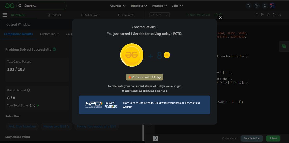 ChikuX22's tweet photo. Day 32 of 60 Days POTD Challenge Powered By NPCI(GFG)

#geekstreak60 #npci 
@geeksforgeeks @NPCI_NPCI https://t.co/y5vK0zkGxy