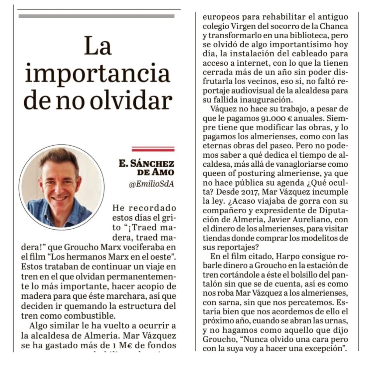 EmilioSDAmo's tweet photo. Qué malo es olvidar!!!! Sobre los reiterados olvidos reflexiono en mi columna de esta semana en @lavozdealmeria “La importancia de no olvidar”
#olvidar #hermanosmarx #biblioteca #lachancapescadería https://t.co/pS7d8IYk4k