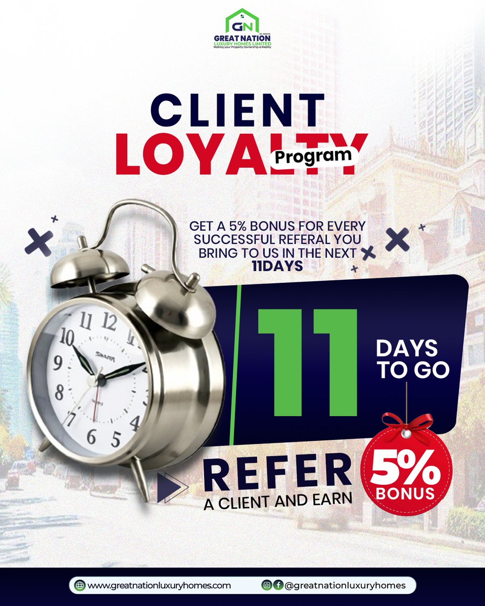 GreatH40923's tweet image. ⏳ Just 11 days to go!

Don’t miss out on the Great Nation Luxury Homes Limited Client Loyalty Program, earn a 5% bonus for every successful referral. 💰

Turn your connections into income refer, earn, and win before time runs out!

#ReferAndEarn #ClientLoyalty #RealEstateNigeria