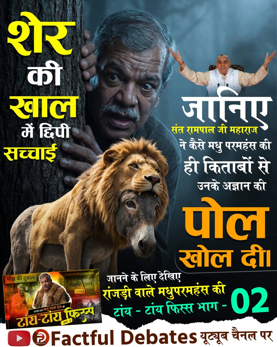 #मधुपरमहंस_की_टांयटांय_फिस्स2
शेर की खाल में छिपी सच्चाई ⤵️⤵️
जानिए संत रामपाल जी महाराज ने कैसे मधु परमहंस की ही किताबों से उनके अज्ञान की पोल खोल दी।
Factful Debates YtChannel
