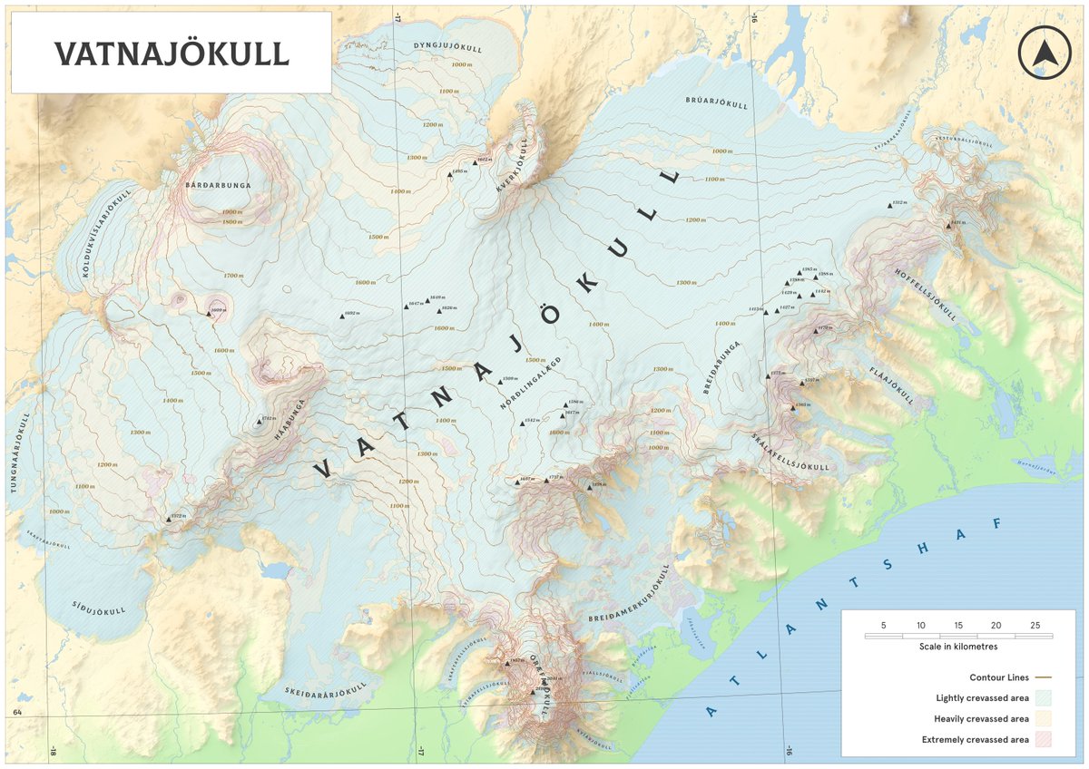 serranowski's tweet photo. El glaciar Vatnajökull cubre aproximadamente el 8% de Islandia, creando un sobrecogedor paisaje de hielo que entierra volcanes activos bajo su superficie. El mapa muestra la elevación del glaciar y la concentración de grietas por zonas. https://t.co/vcQCDw7nJv