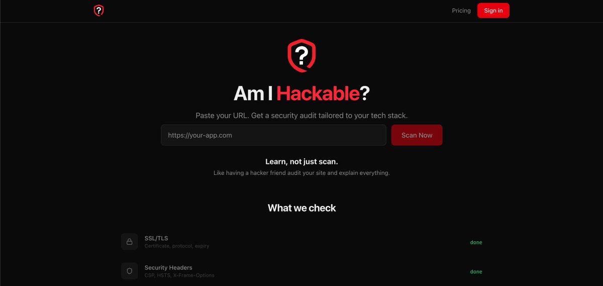 victor_bigfield's tweet photo. I just discovered this tool for running a security check on your vibe coded saas

I ran it, found no critical security issues, and fixed everything

perfect for all newbies vibe coders, but also for the pros

👉 the tool : https://t.co/jDQCAxVaEp https://t.co/FDOD5HeBhv