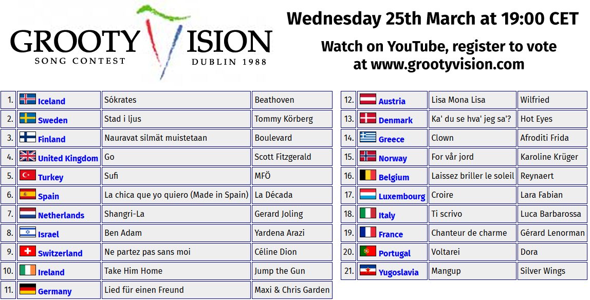 grootyvision_'s tweet photo. Join us on YouTube on Wednesday 25th March at 20:00 CET to watch Eurovision 1988, and revote.
Who will win? @celinedion, Scott Fitzgerald or even @LFabianOfficial?  Video link and voter registration at https://t.co/YptWcIU1VO. https://t.co/KcXx4gLCUN