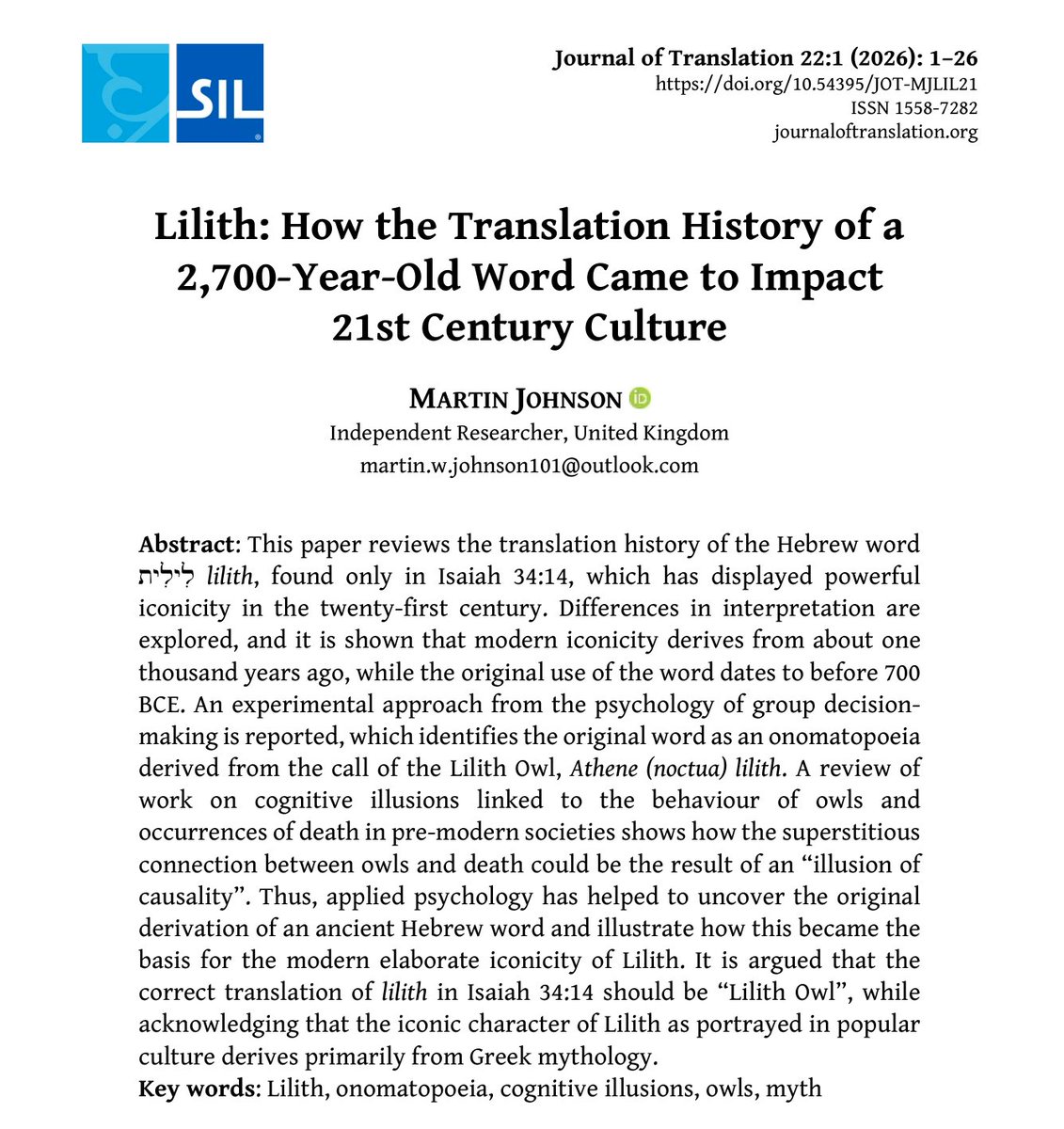 jotranslation's tweet photo. Was Lilith originally an owl call? 🦉
In this latest JOT article, Martin Johnson argues that לִילִית in Isaiah 34:14 is onomatopoeia for the Lilith Owl (Athene noctua lilith) and traces how a forgotten bird became a myth.
🔗 https://t.co/ooaIPGwV0F
#BibleTranslation #HebrewBible https://t.co/SXj5zq5mJ1