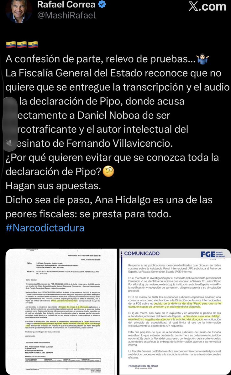 ‼️#URGENTE
El expresidente Rafael Correa afirmó que la Fiscalía General del Estado no quiere que se entregue la transcripción y el audio de la declaración de alias “Pipo”, dentro de la investigación por el asesinato de Fernando Villavicencio. Según Correa, en esa versión se