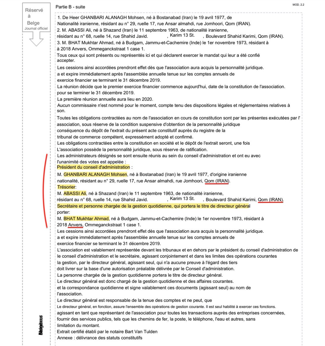 denisedetralala's tweet photo. Mais qu’est-ce que l’ASBL « #AlMustafa Foundation » qui en revendique l'organisation ? 

La Fondation Al-Mustafa Belgique (ASBL) est une association religieuse et socioculturelle créée en 2018, avec des fondateurs établis en Belgique - acteur local à #Anvers - et en Iran, à #Qom.

Selon ses statuts publiés au Moniteur belge, l’article 2 précise que « L'association à but non lucratif a son siège social à l'adresse suivante : 2060 Anvers, Carnotstraat 50, situé dans le quartier judiciaire d'Anvers.

Le Conseil d'administration peut avoir des bureaux et des centres d'activité en Belgique et à l'étranger. » (cf. le Journal officiel https://t.co/TV3pN7e5LS)

Au‑delà de ce cadre formel, les statuts confèrent à l’association des moyens d’action particulièrement étendus, en Belgique comme à l’international. L’ASBL peut notamment promouvoir des activités éducatives, sociales et religieuses, recruter du personnel, obtenir des subventions publiques ou privées, notamment par le biais de parrainage, accepter des dons, développer des activités au niveau national et international et, le cas échéant, créer un lieu de culte. Elle se présente ainsi comme une structure à vocation éducative, interreligieuse et sociale, mais dotée de capacités organisationnelles et financières significatives.

Ses membres fondateurs sont mentionnés dans l’acte de création de l’ASBL déposé au Moniteur belge le 9 mars 2018:

« 1. - Mohsen Ghanbari Alanagh (Président du conseil d’administration) 
- né à Bostanabad, Iran, le 19 avril 1977 
- de nationalité iranienne, 
- domicilié à Qom, Iran.

2. Ali Abassi (Trésorier)
- né à Shazand, Iran, le 11 septembre 1963
- de nationalité iranienne
- domicilié à Qom, Iran.

3. Mukhtar Ahmad BHAT (Directeur général)
- né à Budgam, Jammu & Kashmir (Inde) le 1er novembre 1973
- domicilié à Anvers, Belgique,

 au moment de la création. »

Le fait que deux des trois membres fondateurs, président et trésorier, soient domiciliés à #Qom en Iran m’a interpellé. J’ai donc cherché à mieux comprendre qui ils étaient, un casse-tête que je ne prétends pas avoir résolu, mais dont je partage les éléments de ma recherche et les interrogations qu’ils soulèvent.