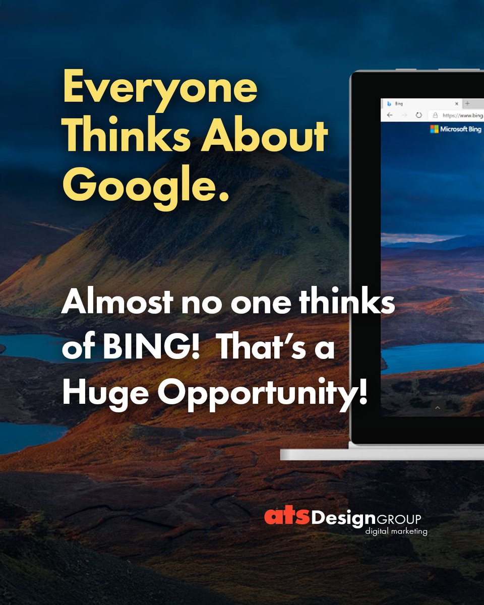 ATSDesignGroup's tweet photo. Everyone talks about Google.
Almost no one talks about Bing.

That’s your opportunity.

Less competition.
Extra traffic.
Same content.

Here’s the part most marketers overlook:
Hundreds of millions of people are already there—by default.

Over 900 million people interact with Bing every month worldwide.
On desktop computers (especially Windows PCs), Bing handles roughly 1 in 8 searches today.

You don’t need a new strategy.
You just need to show up where fewer competitors are paying attention.

Smart marketers don’t chase traffic.
They go where competition is lower.