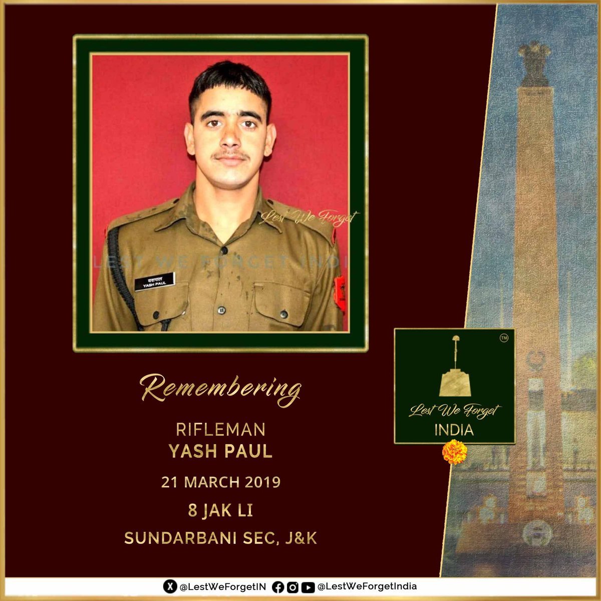 LestWeForgetIN's tweet photo. #LestWeForgetIndia🇮🇳 the supreme sacrifice of Rifleman Yash Paul, 8 JAKLI (SIACHEN) (#BravestOfTheBrave) in a ceasefire violation #OnThisDay 21 March in 2019, at Sunderbani sector along Line Of Control in J&K

Remember the valour and service of the 24-year-old young #IndianBrave always🏵️