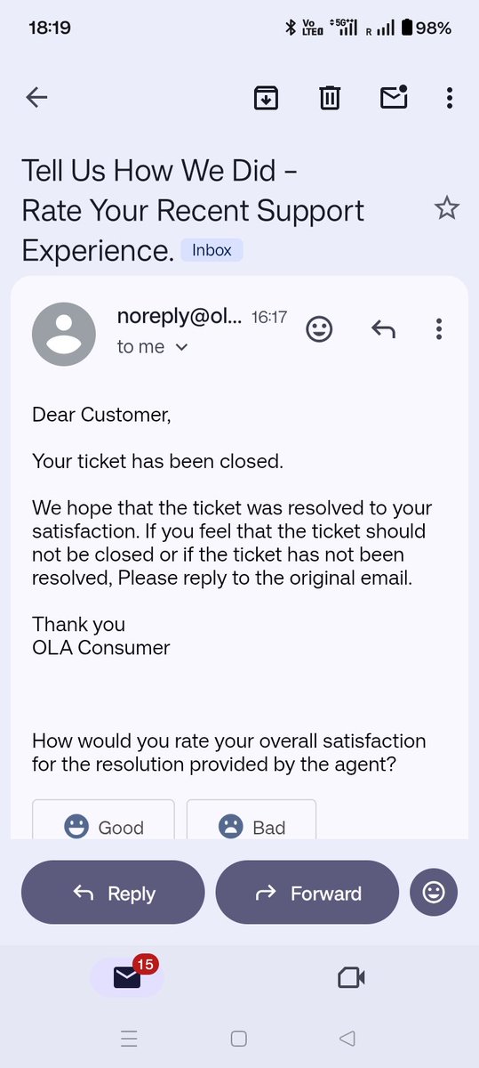 sk251's tweet photo. @ola_supports Dear Sir I didn't get any resolution Then how come this mail from Ola support is stating that my ticket was resolved further the cancellation charges are still appearing in my ride https://t.co/dguSZ04tz0