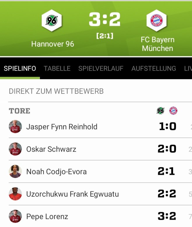 Fußball ⚽️ A-Junioren Bundesliga. 
Hannover 96 gewinnt mit 3:2 gegen den FC Bayern München.